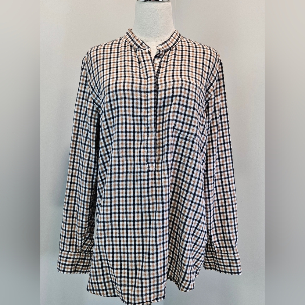 Lands End Womens Flannel Shirt Xlarge Relaxed Cotton Plaid Brown Gray